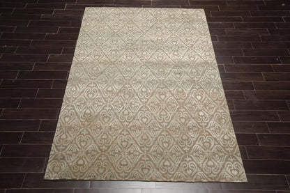 6x9 Aqua, Beige Hand Knotted Wool and Silk Tibetan Traditional Oriental Area Rug