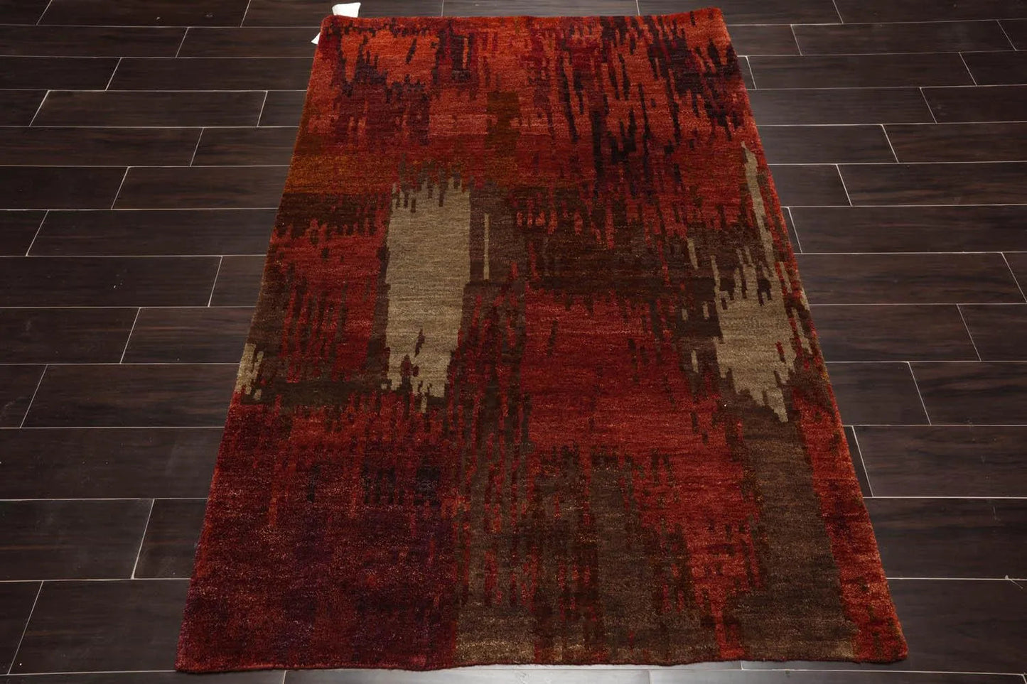 4'x5'10'' Hand Knotted Tibetan 100% Wool Abstract Modern & Contemporary Oriental Area Rug Rust, Olive Color