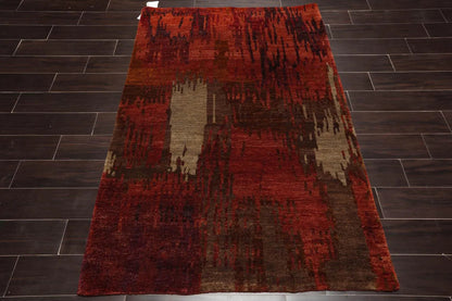 4'x5'10'' Hand Knotted Tibetan 100% Wool Abstract Modern & Contemporary Oriental Area Rug Rust, Olive Color