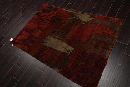 4'x5'10'' Hand Knotted Tibetan 100% Wool Abstract Modern & Contemporary Oriental Area Rug Rust, Olive Color