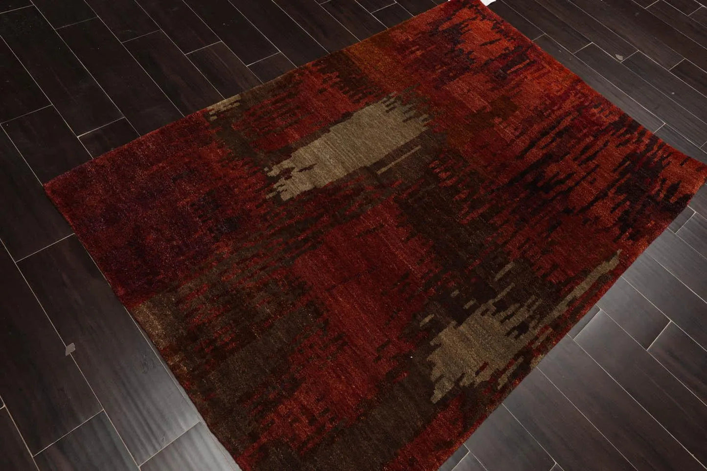 4'x5'10'' Hand Knotted Tibetan 100% Wool Abstract Modern & Contemporary Oriental Area Rug Rust, Olive Color