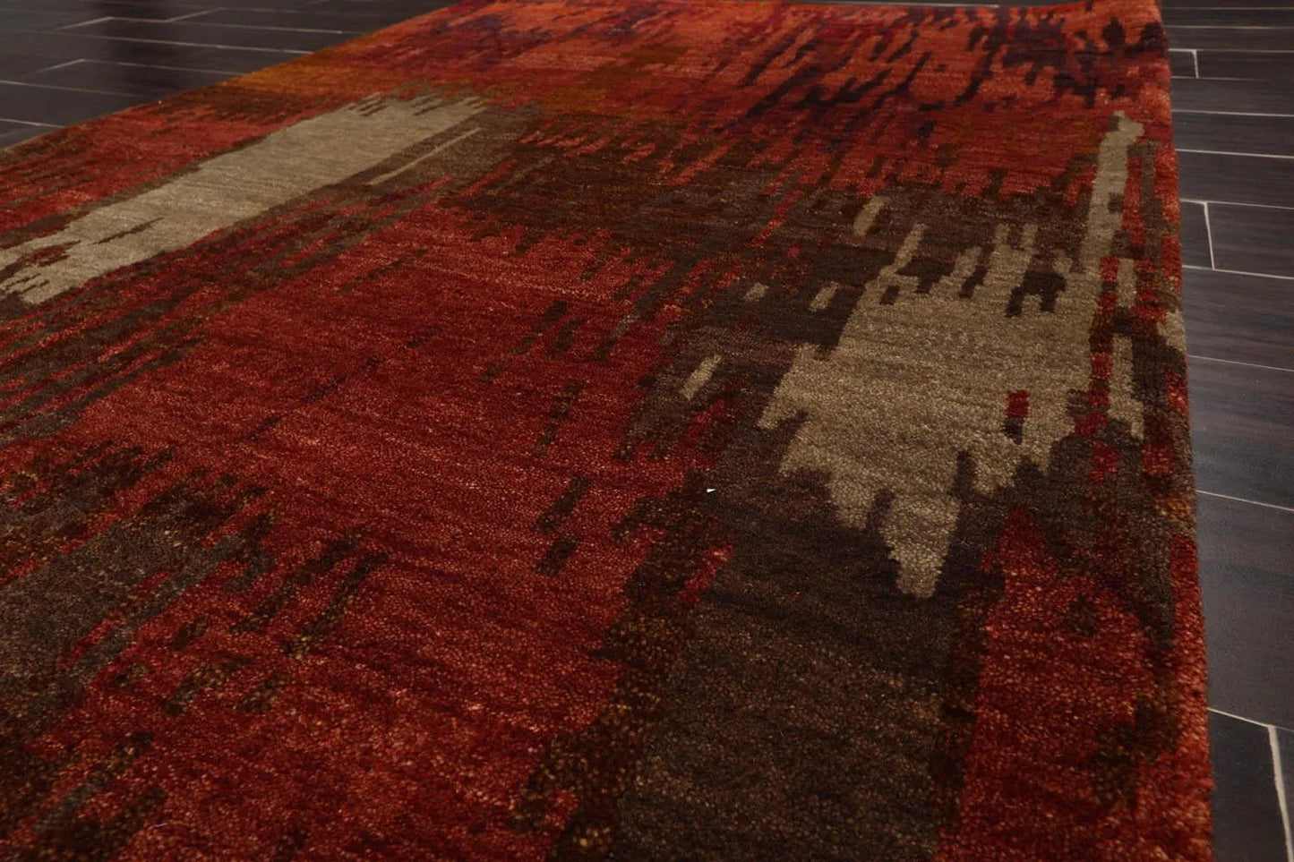 4'x5'10'' Hand Knotted Tibetan 100% Wool Abstract Modern & Contemporary Oriental Area Rug Rust, Olive Color