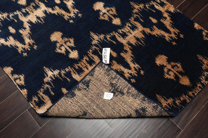 4'1''x6' Hand Knotted Tibetan Wool and Bamboo Silk Tibetan Traditional Oriental Area Rug Navy, Beige Color