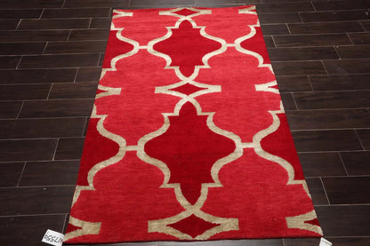 4'1''x6'1'' Hand Knotted Tibetan Wool and Bamboo Silk Kalaty Transitional  Oriental Area Rug Raspberry,Red Color