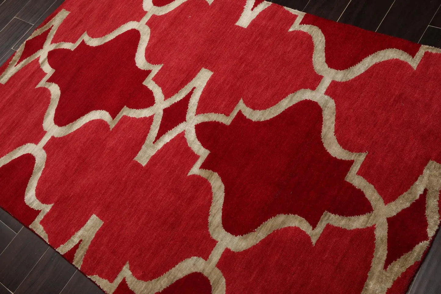 4'1''x6'1'' Hand Knotted Tibetan Wool and Bamboo Silk Kalaty Transitional  Oriental Area Rug Raspberry,Red Color