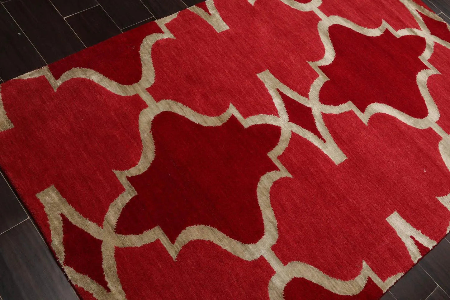 4'1''x6'1'' Hand Knotted Tibetan Wool and Bamboo Silk Kalaty Transitional  Oriental Area Rug Raspberry,Red Color