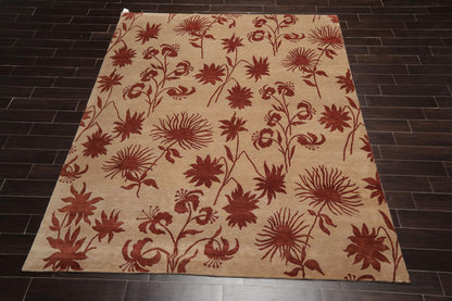 7'10" x 9'9" Hand Knotted Tibetan Wool Botanical Oriental Area Rug Tan