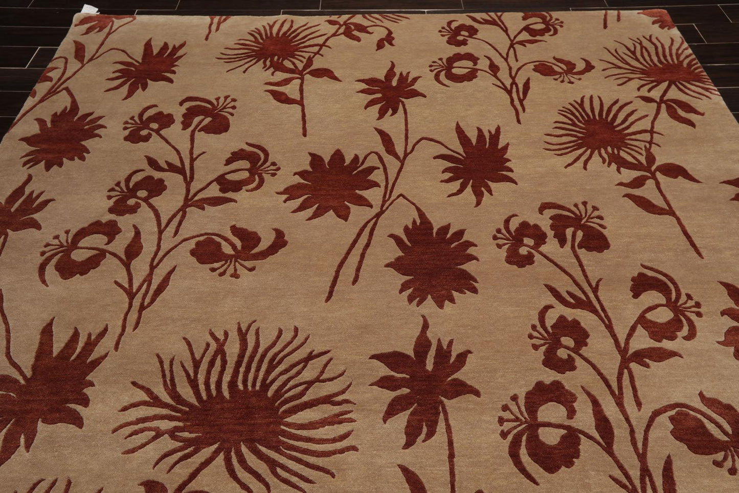7'10" x 9'9" Hand Knotted Tibetan Wool Botanical Oriental Area Rug Tan