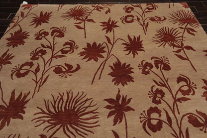 7'10" x 9'9" Hand Knotted Tibetan Wool Botanical Oriental Area Rug Tan