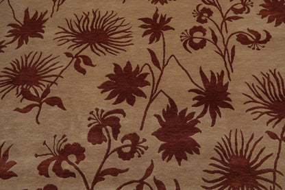 7'10" x 9'9" Hand Knotted Tibetan Wool Botanical Oriental Area Rug Tan