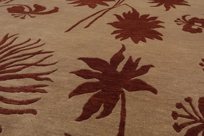 7'10" x 9'9" Hand Knotted Tibetan Wool Botanical Oriental Area Rug Tan