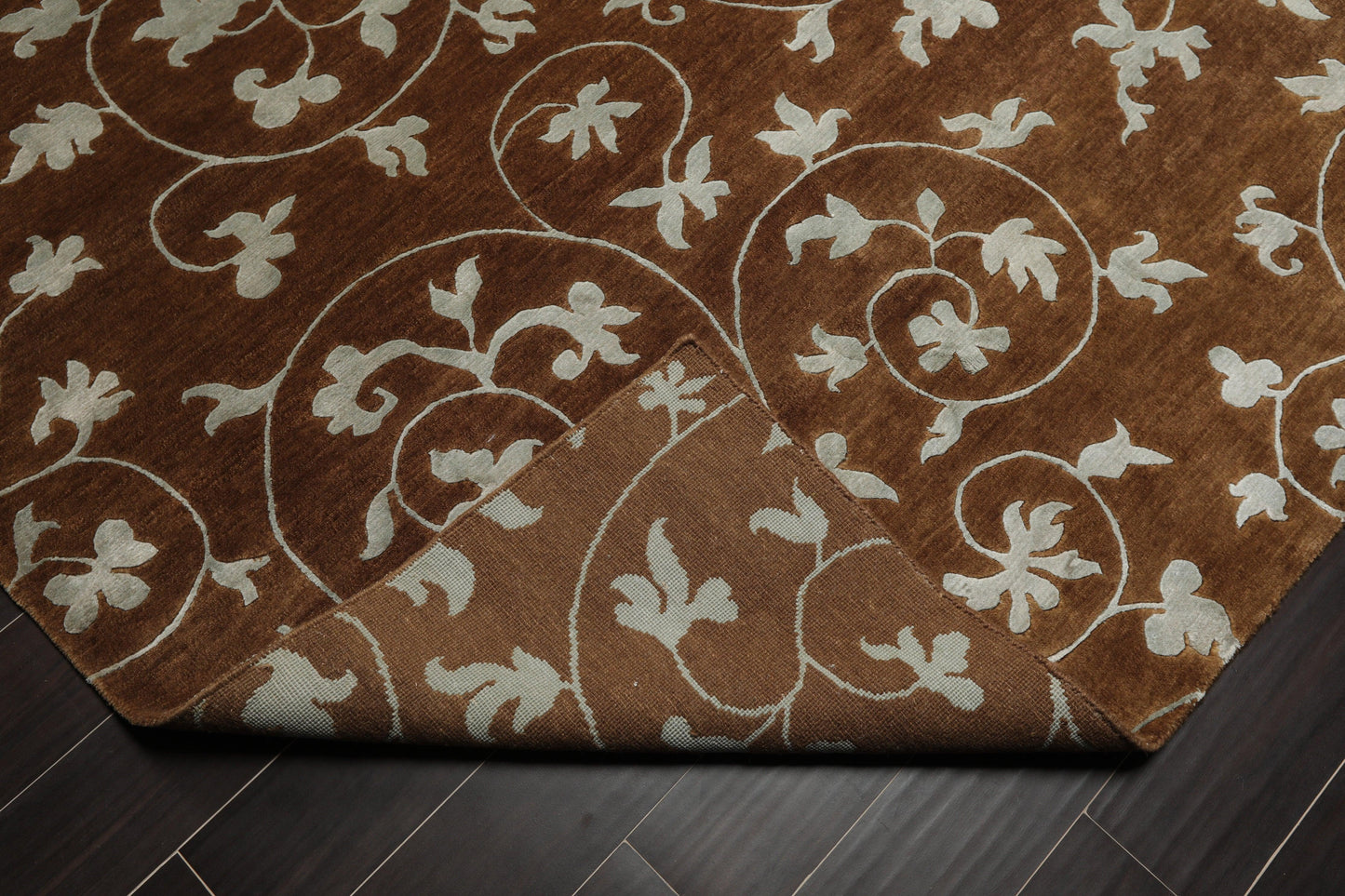 8'1" x 10'10" Hand Knotted Wool & Silk Bold floral Tibetan Area Rug Brown