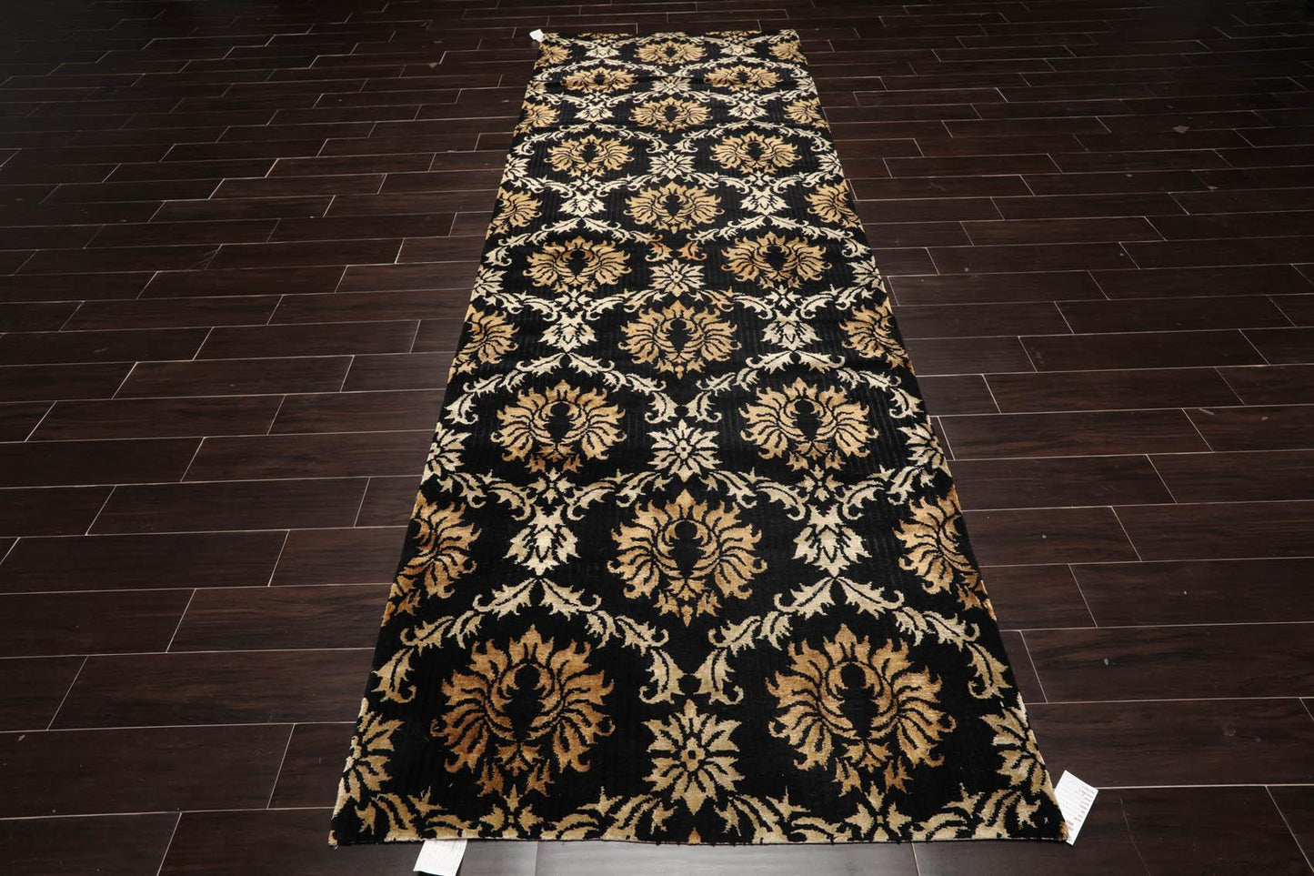 Runner Hand Knotted Wool & Silk Damask Tibetan Area Rug Black Gold 3'11" x 11'9"