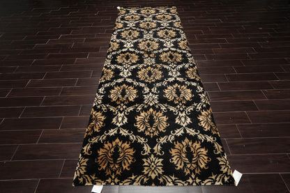 Runner Hand Knotted Wool & Silk Damask Tibetan Area Rug Black Gold 3'11" x 11'9"