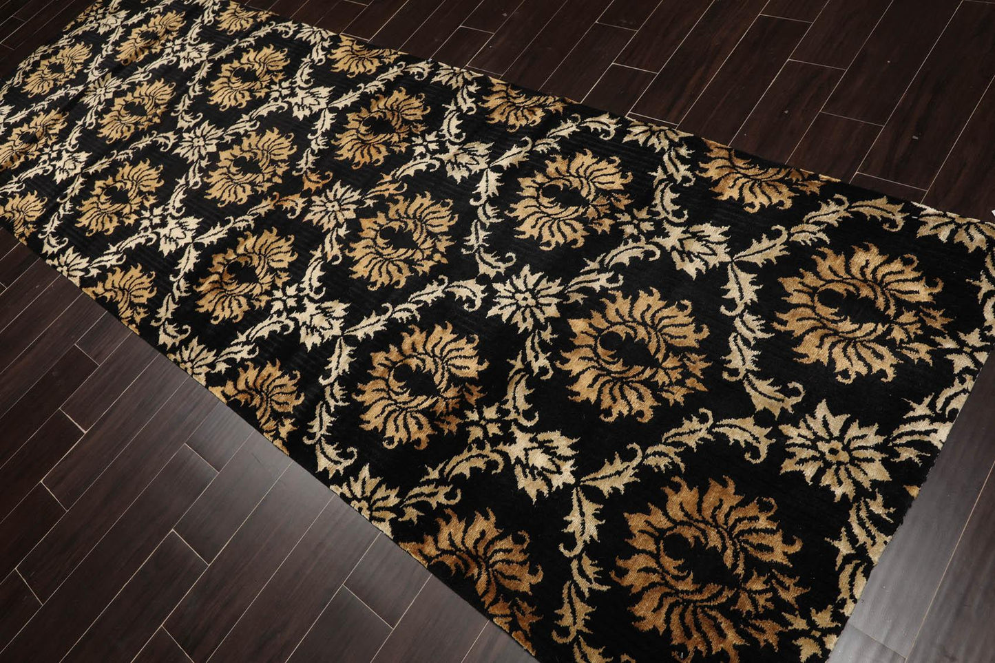 Runner Hand Knotted Wool & Silk Damask Tibetan Area Rug Black Gold 3'11" x 11'9"