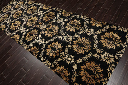 Runner Hand Knotted Wool & Silk Damask Tibetan Area Rug Black Gold 3'11" x 11'9"