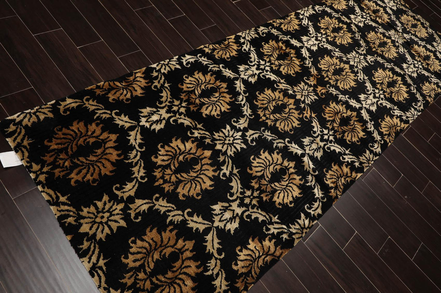 Runner Hand Knotted Wool & Silk Damask Tibetan Area Rug Black Gold 3'11" x 11'9"
