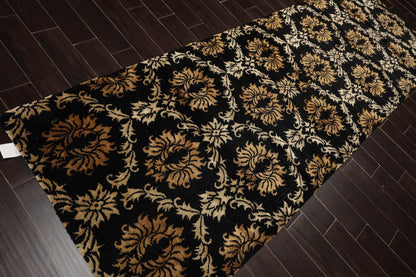 Runner Hand Knotted Wool & Silk Damask Tibetan Area Rug Black Gold 3'11" x 11'9"
