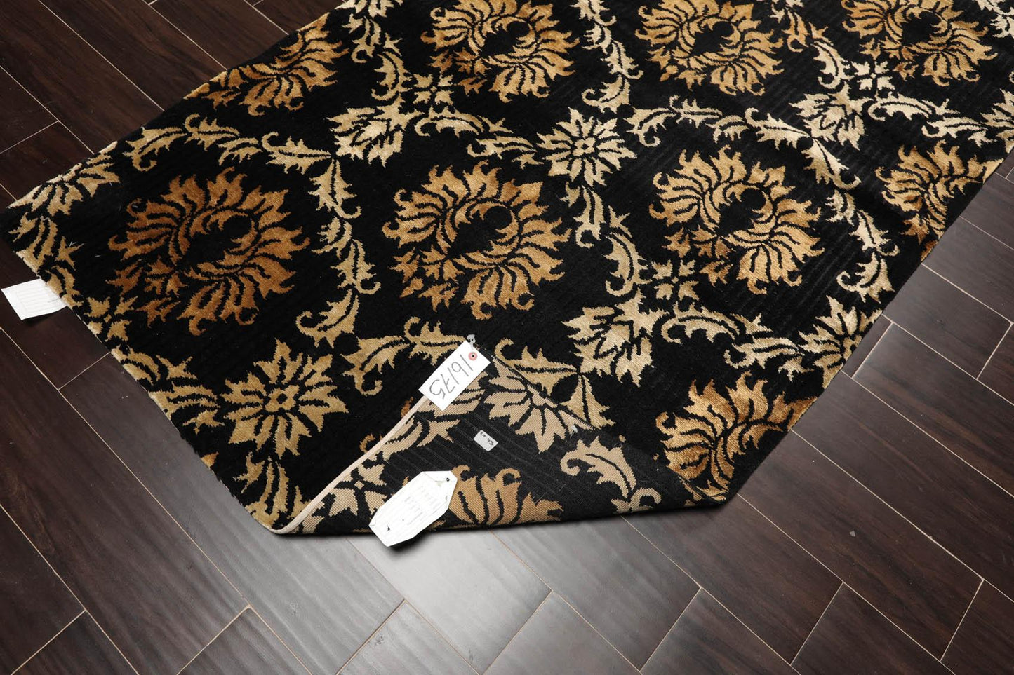 Runner Hand Knotted Wool & Silk Damask Tibetan Area Rug Black Gold 3'11" x 11'9"