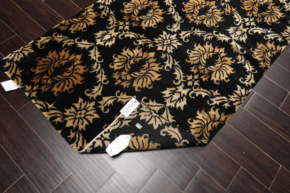 Runner Hand Knotted Wool & Silk Damask Tibetan Area Rug Black Gold 3'11" x 11'9"