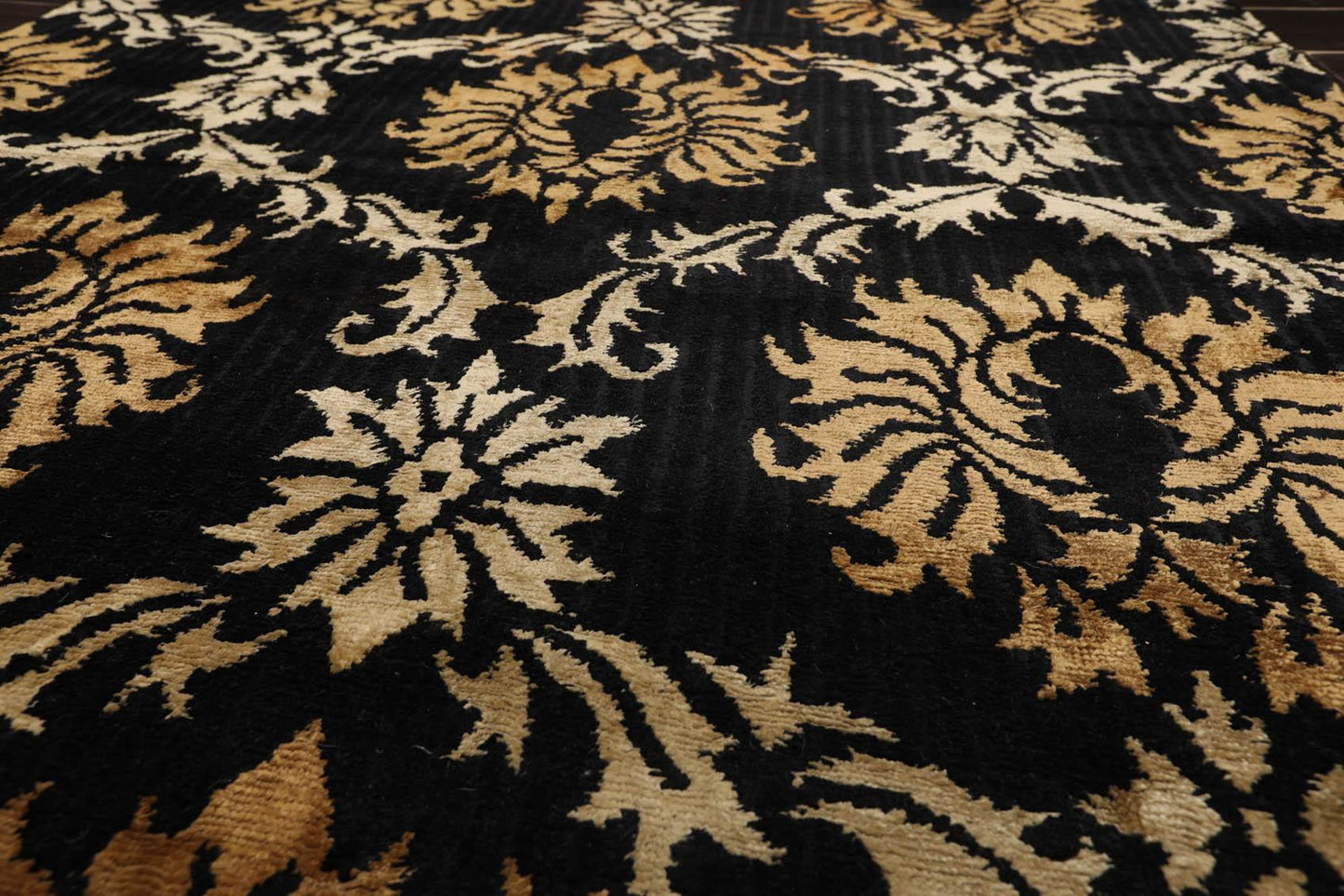Runner Hand Knotted Wool & Silk Damask Tibetan Area Rug Black Gold 3'11" x 11'9"