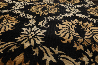 Runner Hand Knotted Wool & Silk Damask Tibetan Area Rug Black Gold 3'11" x 11'9"