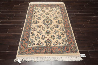 4'1" x 6' Hand Knotted Kerman Wool Traditional Oriental Area Rug Ivory