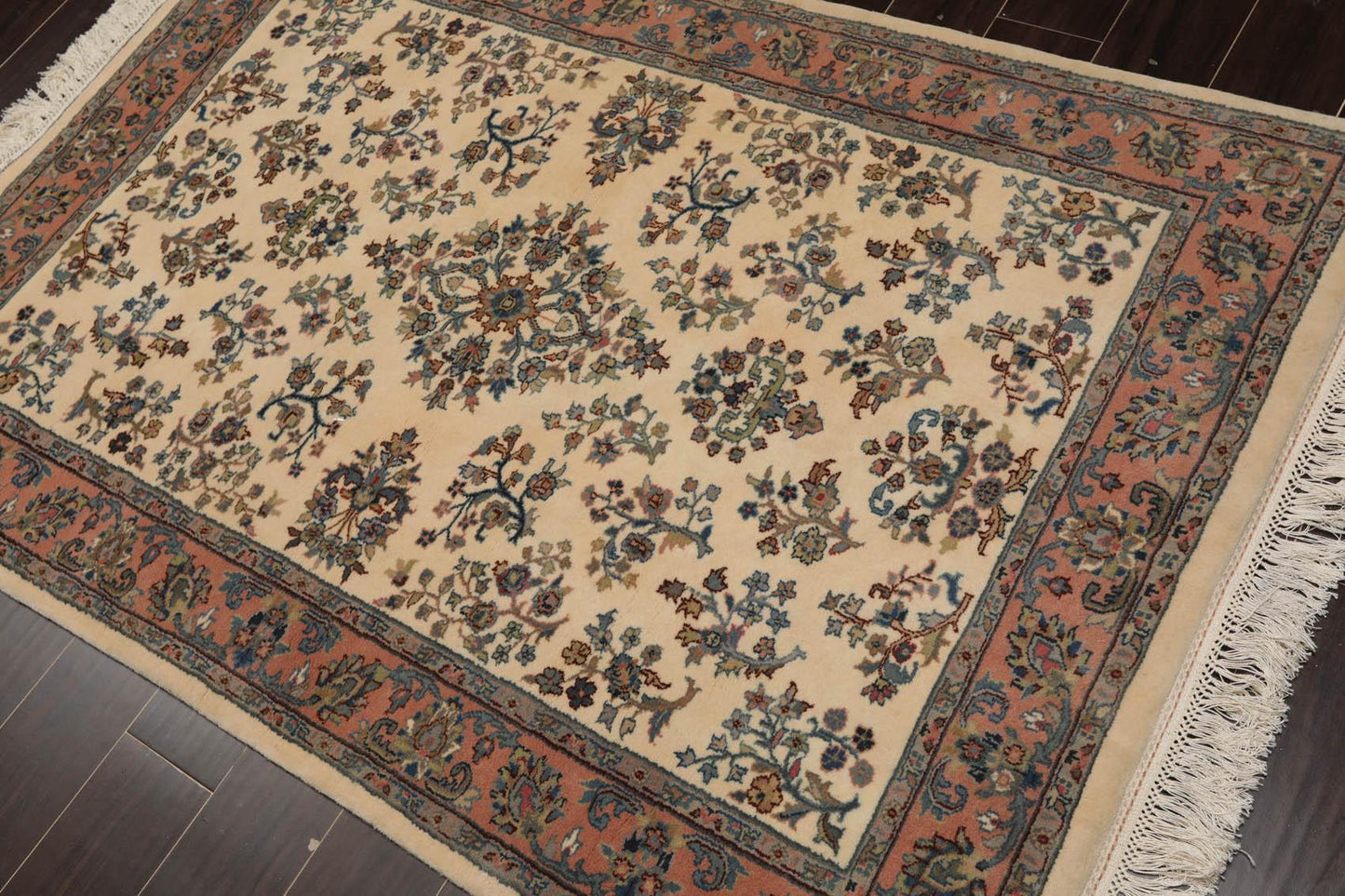 4'1" x 6' Hand Knotted Kerman Wool Traditional Oriental Area Rug Ivory