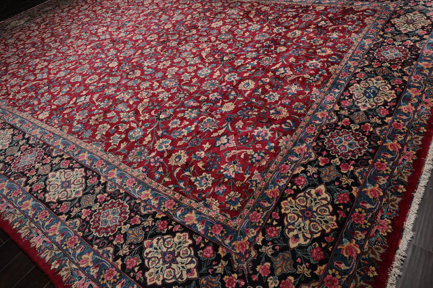 13'x18'8'' Palace Burgundy, Navy Hand Knotted Persian 100% Wool Traditional Mashad 200 KPSI Oriental Area Rug