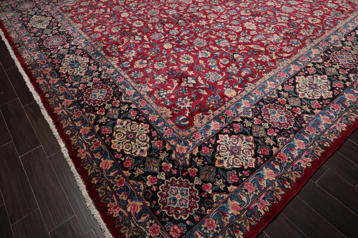 13'x18'8'' Palace Burgundy, Navy Hand Knotted Persian 100% Wool Traditional Mashad 200 KPSI Oriental Area Rug