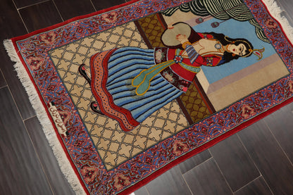 2' 5''x3' 10'' Hand Knotted 100% Wool Pictorial Tapestry Isfahan 300 kpsi Oriental Area Rug Beige, Blue Color