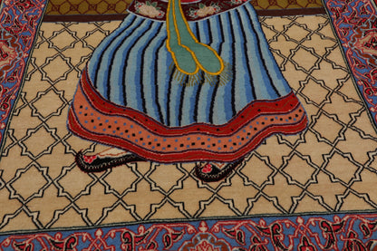 2' 5''x3' 10'' Hand Knotted 100% Wool Pictorial Tapestry Isfahan 300 kpsi Oriental Area Rug Beige, Blue Color