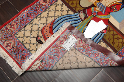 2' 5''x3' 10'' Hand Knotted 100% Wool Pictorial Tapestry Isfahan 300 kpsi Oriental Area Rug Beige, Blue Color