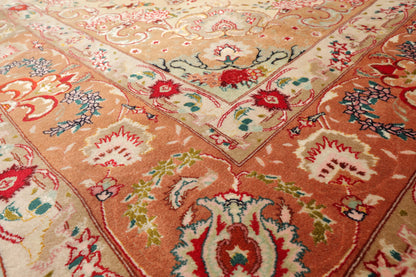 6' 7''x10' 2'' Hand Knotted Wool and Silk Traditional Tabriz 300 KPSI Oriental Area Rug Ivory, Peach Color