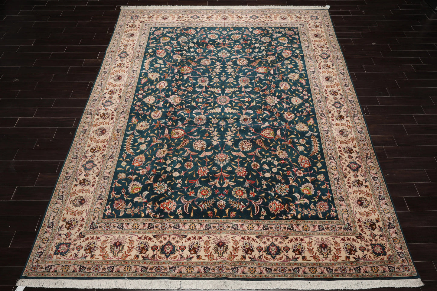 10x14 Hand Knotted Wool and Silk Traditional Tabriz 400 KPSI Oriental Area Rug Teal, Beige Color