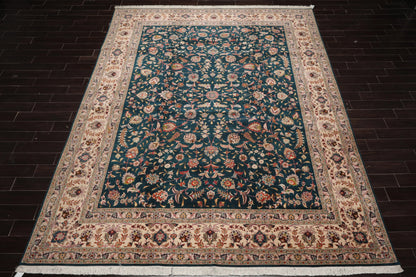 10x14 Hand Knotted Wool and Silk Traditional Tabriz 400 KPSI Oriental Area Rug Teal, Beige Color