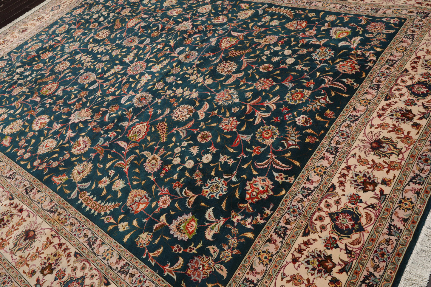 10x14 Hand Knotted Wool and Silk Traditional Tabriz 400 KPSI Oriental Area Rug Teal, Beige Color