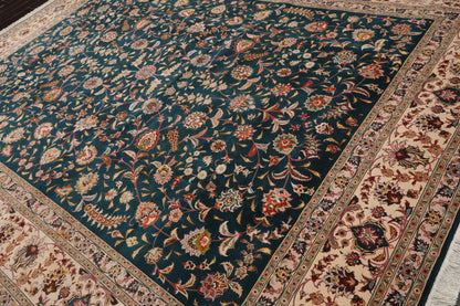 10x14 Hand Knotted Wool and Silk Traditional Tabriz 400 KPSI Oriental Area Rug Teal, Beige Color