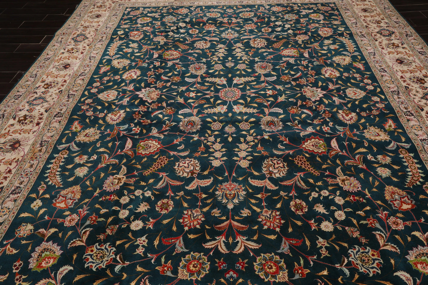 10x14 Hand Knotted Wool and Silk Traditional Tabriz 400 KPSI Oriental Area Rug Teal, Beige Color