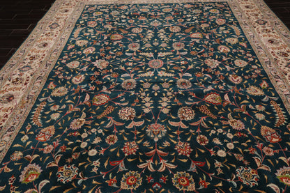 10x14 Hand Knotted Wool and Silk Traditional Tabriz 400 KPSI Oriental Area Rug Teal, Beige Color