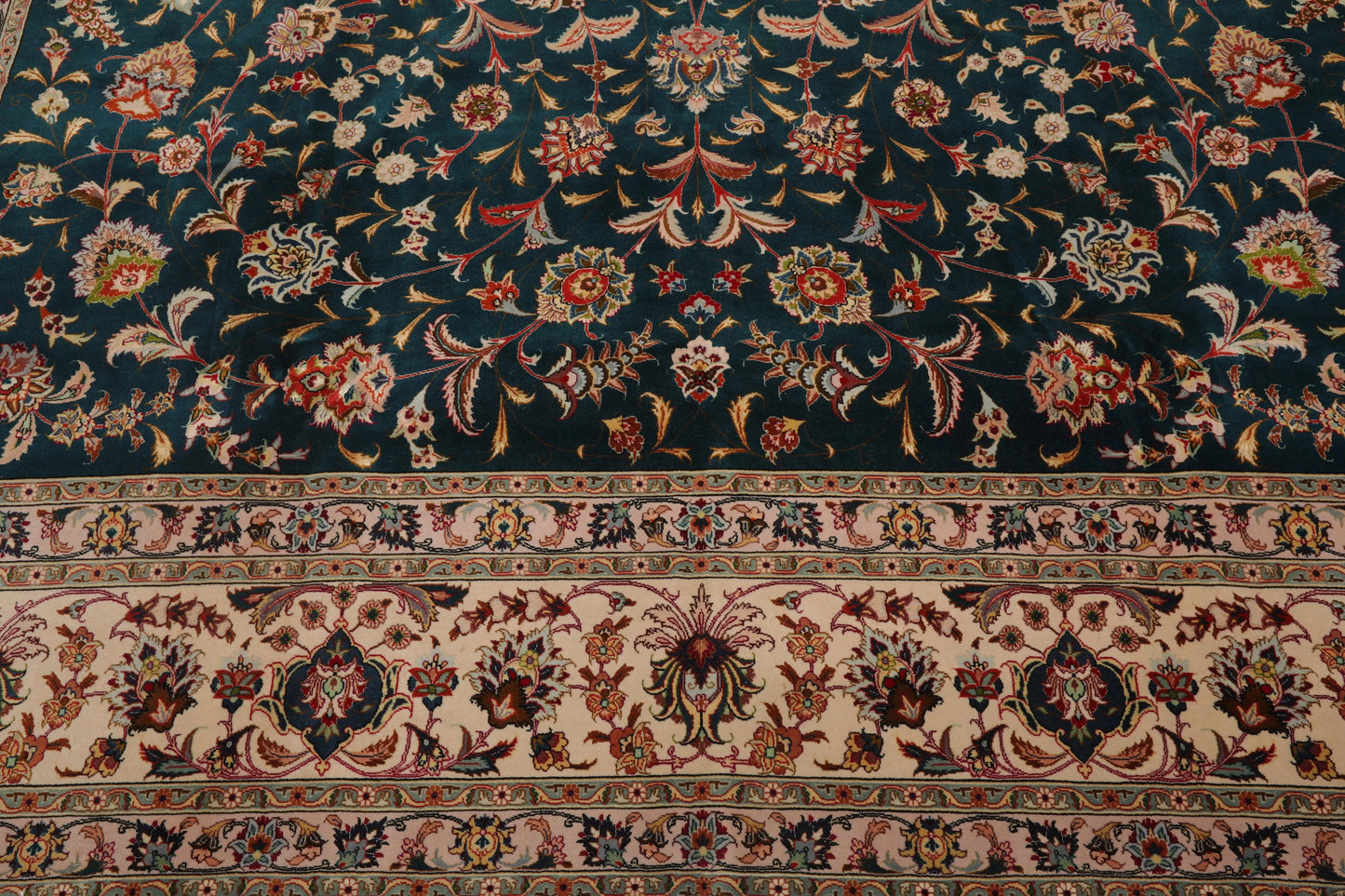 10x14 Hand Knotted Wool and Silk Traditional Tabriz 400 KPSI Oriental Area Rug Teal, Beige Color