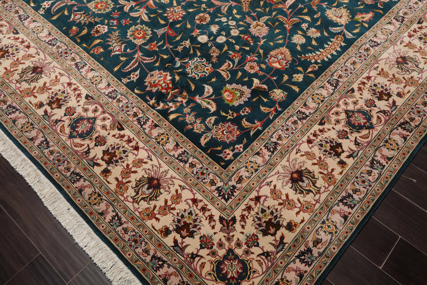 10x14 Hand Knotted Wool and Silk Traditional Tabriz 400 KPSI Oriental Area Rug Teal, Beige Color