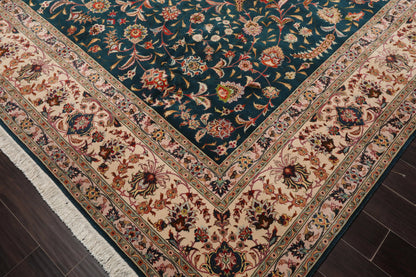 10x14 Hand Knotted Wool and Silk Traditional Tabriz 400 KPSI Oriental Area Rug Teal, Beige Color