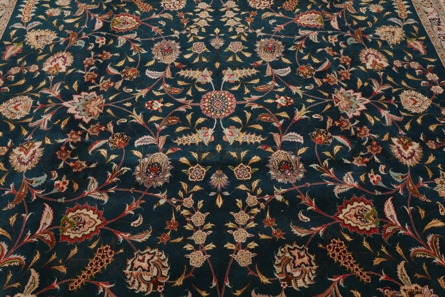 10x14 Hand Knotted Wool and Silk Traditional Tabriz 400 KPSI Oriental Area Rug Teal, Beige Color