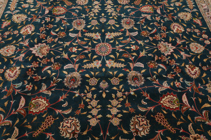 10x14 Hand Knotted Wool and Silk Traditional Tabriz 400 KPSI Oriental Area Rug Teal, Beige Color