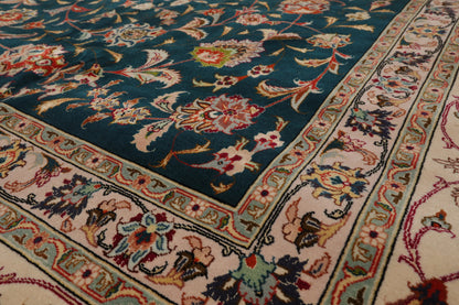 10x14 Hand Knotted Wool and Silk Traditional Tabriz 400 KPSI Oriental Area Rug Teal, Beige Color