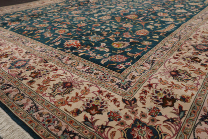 10x14 Hand Knotted Wool and Silk Traditional Tabriz 400 KPSI Oriental Area Rug Teal, Beige Color