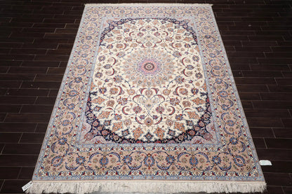 9x12 Cream, Taupe Hand Knotted Isfahan Wool and Silk Traditional 400 KPSI Oriental Area Rug