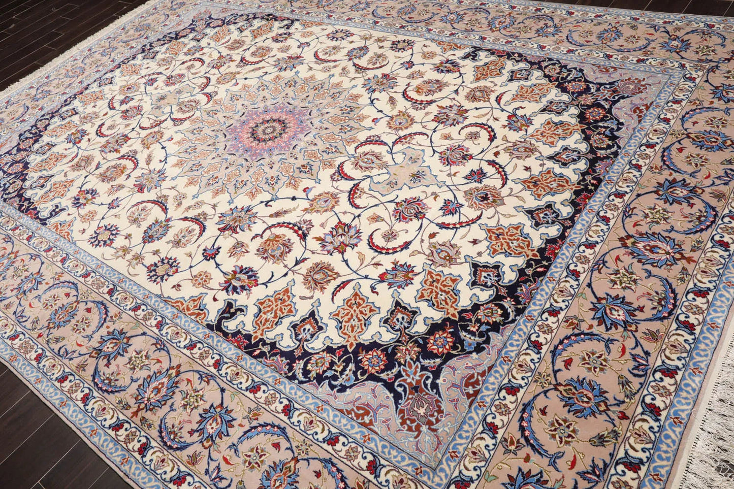 9x12 Cream, Taupe Hand Knotted Isfahan Wool and Silk Traditional 400 KPSI Oriental Area Rug