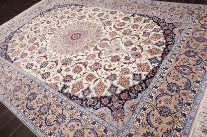 9x12 Cream, Taupe Hand Knotted Isfahan Wool and Silk Traditional 400 KPSI Oriental Area Rug